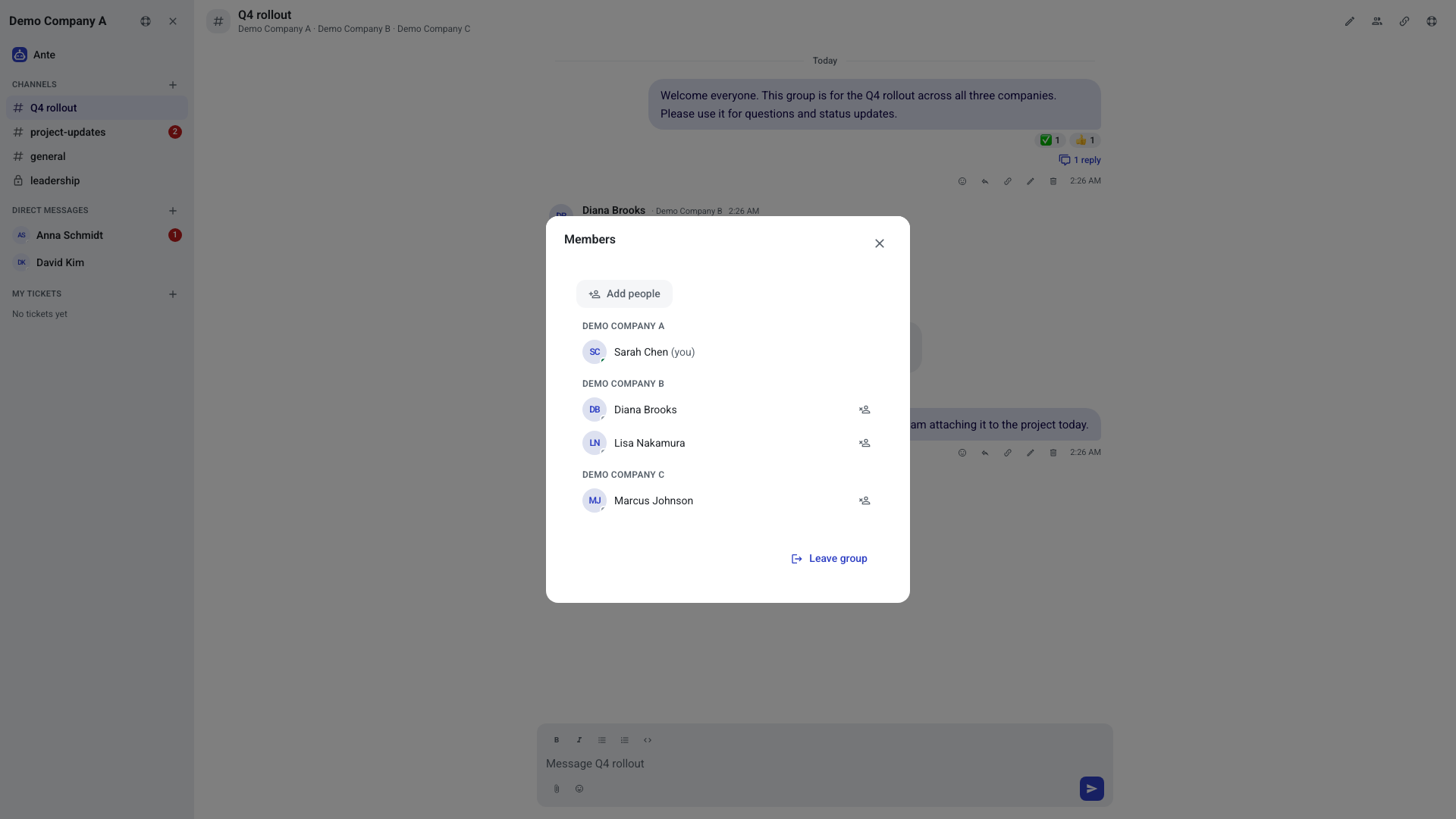 The Members panel of the Q4 rollout shared group, with people grouped under Demo Company A, Demo Company B, and Demo Company C, an Add people button at the top, a remove icon beside each other person, and Leave group at the bottom