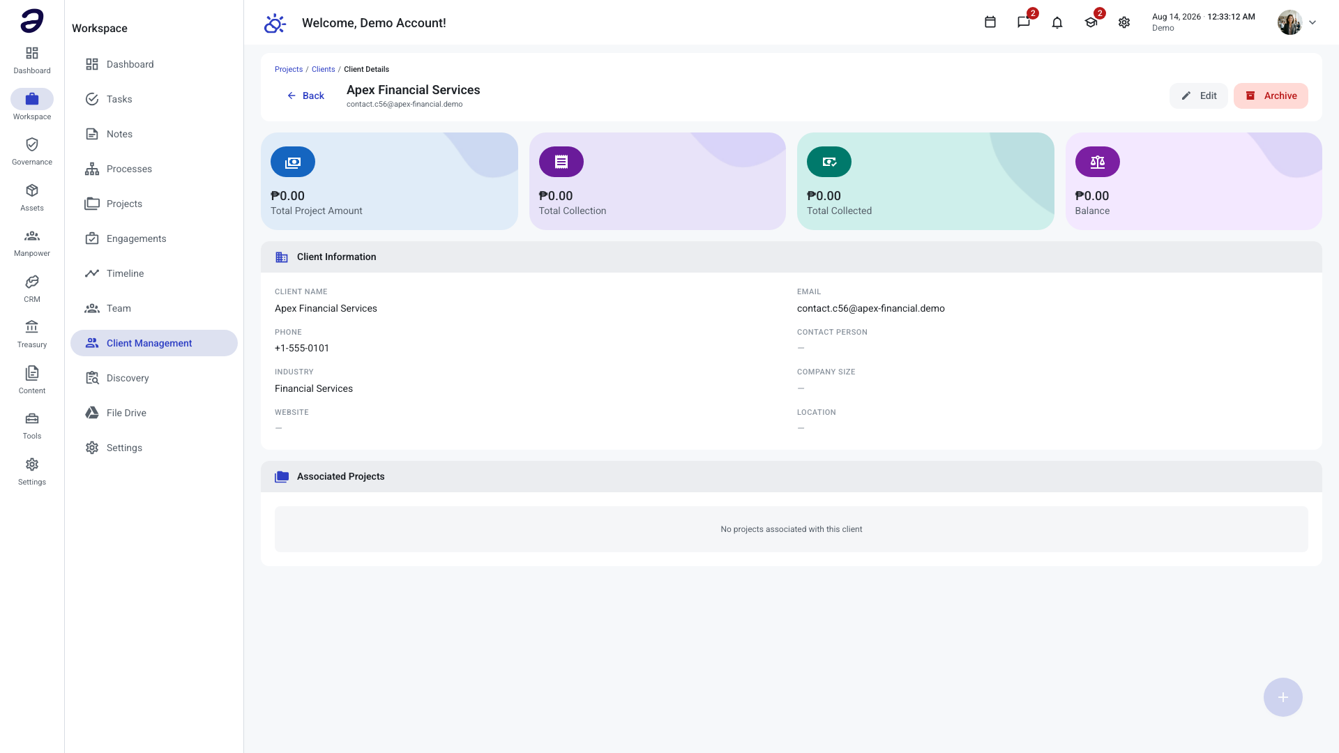 Client detail page showing financial summary cards, client information, and associated projects