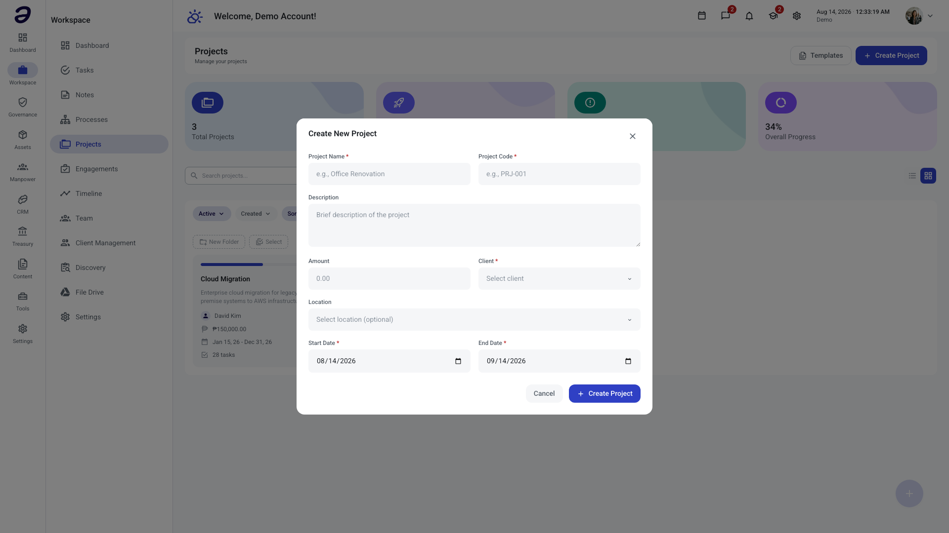 Create New Project dialog open over the Project List
