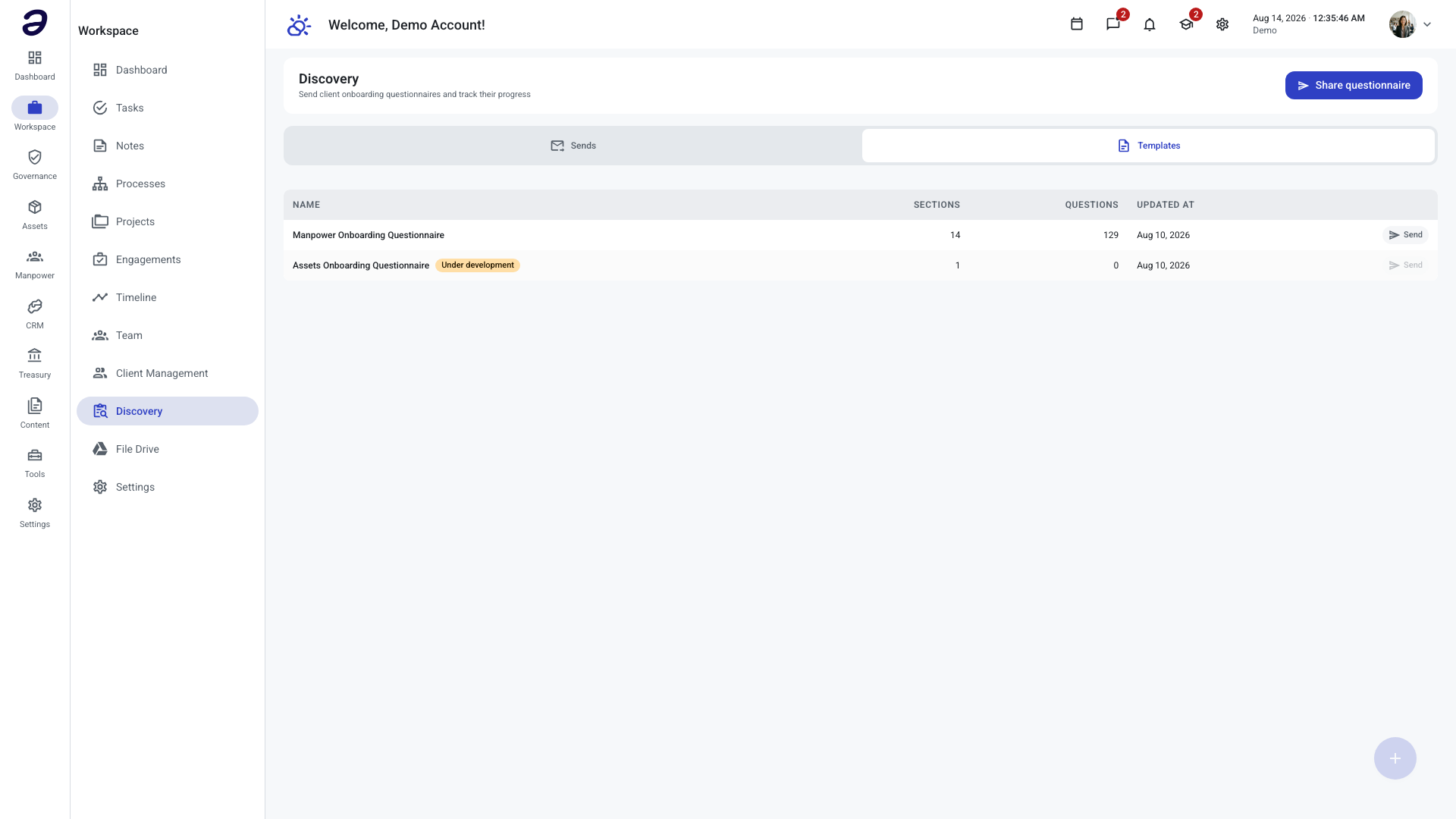 Discovery page on the Templates tab, listing questionnaire templates with section and question counts