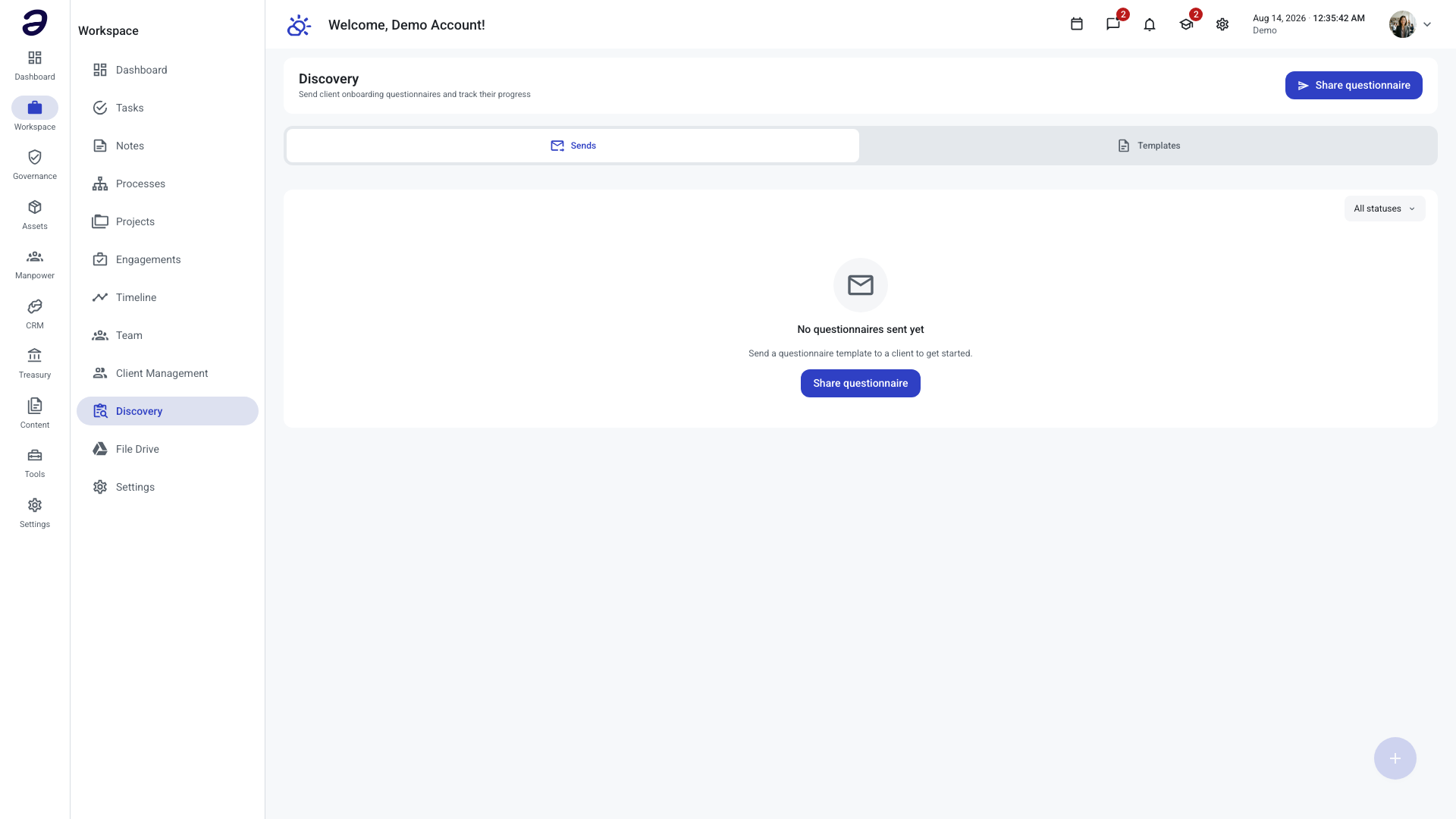 Discovery page on the Sends tab, listing shared questionnaires