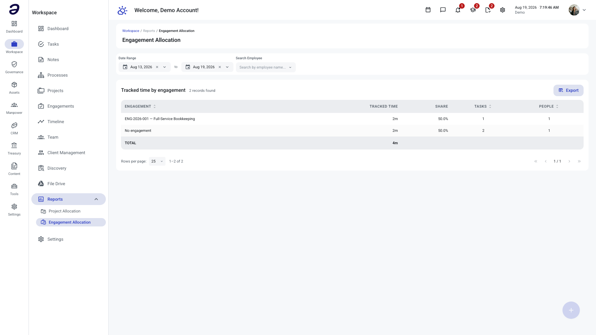 Engagement Allocation report listing tracked Time Tracker minutes grouped by engagement