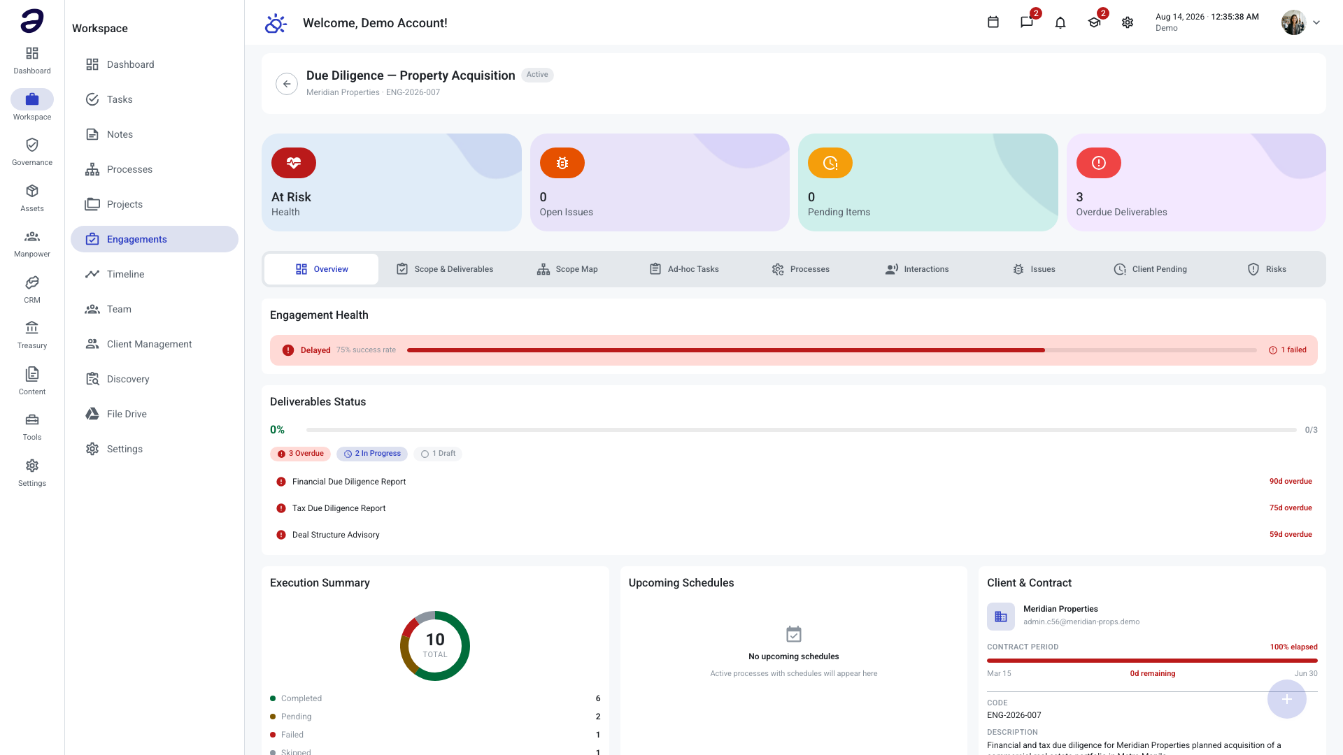 Engagement detail page with its status cards and tab bar