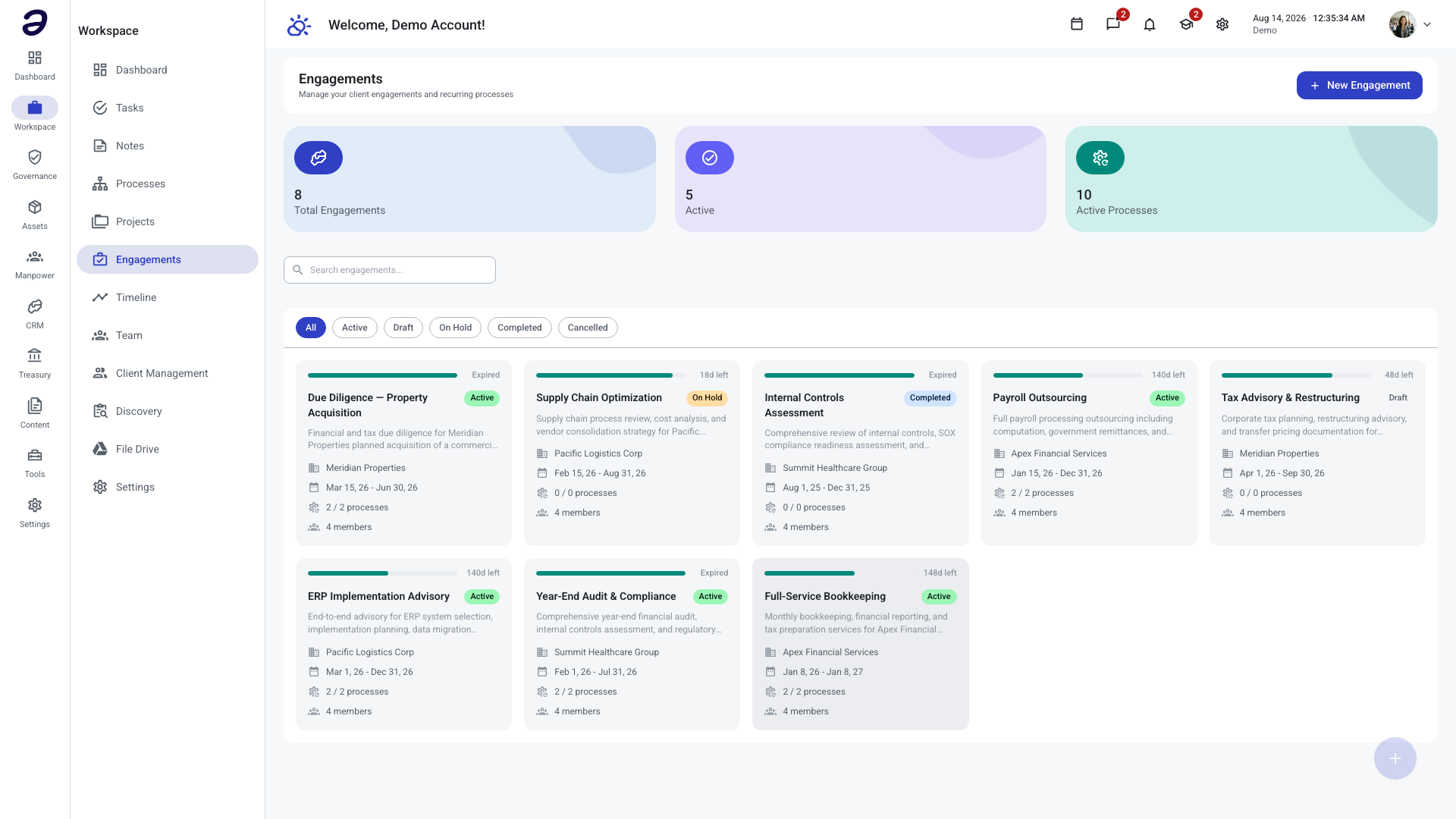Engagements page showing summary counters above a grid of engagement cards
