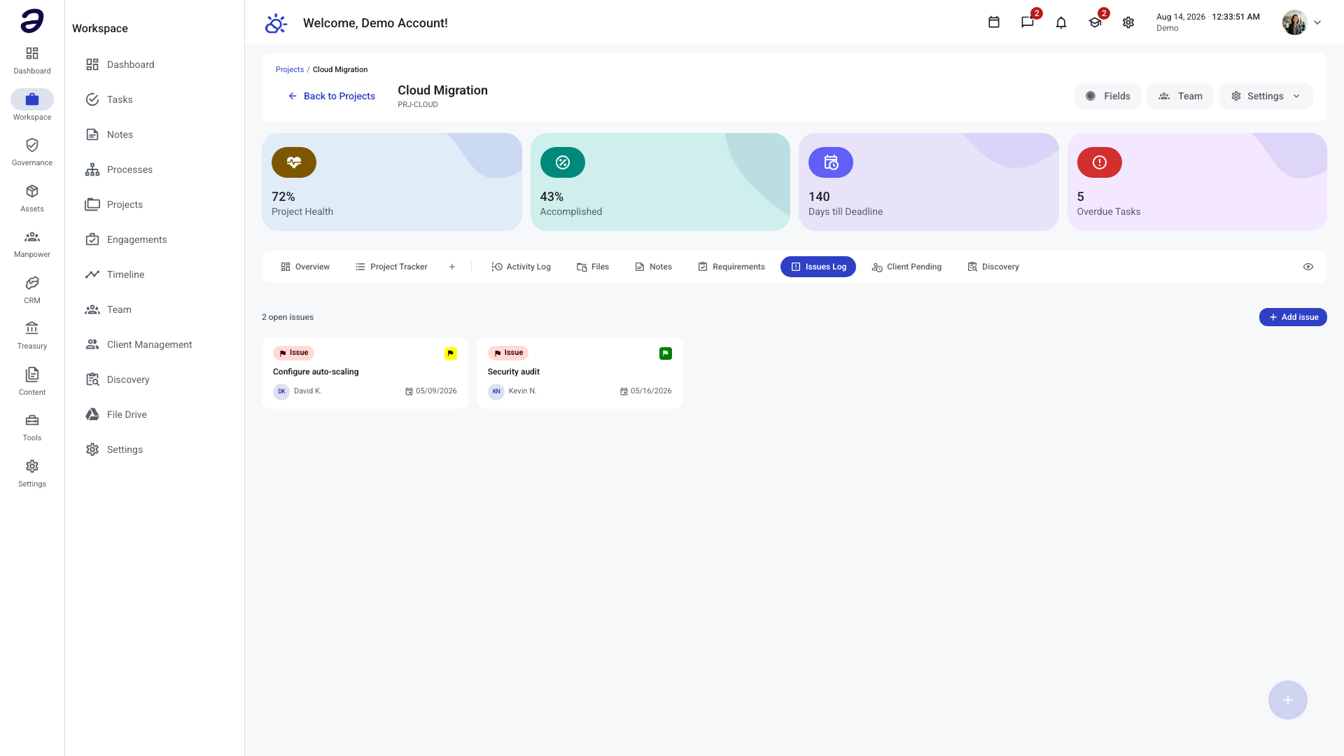 Issues Log tab listing the project's tasks that are flagged as issues