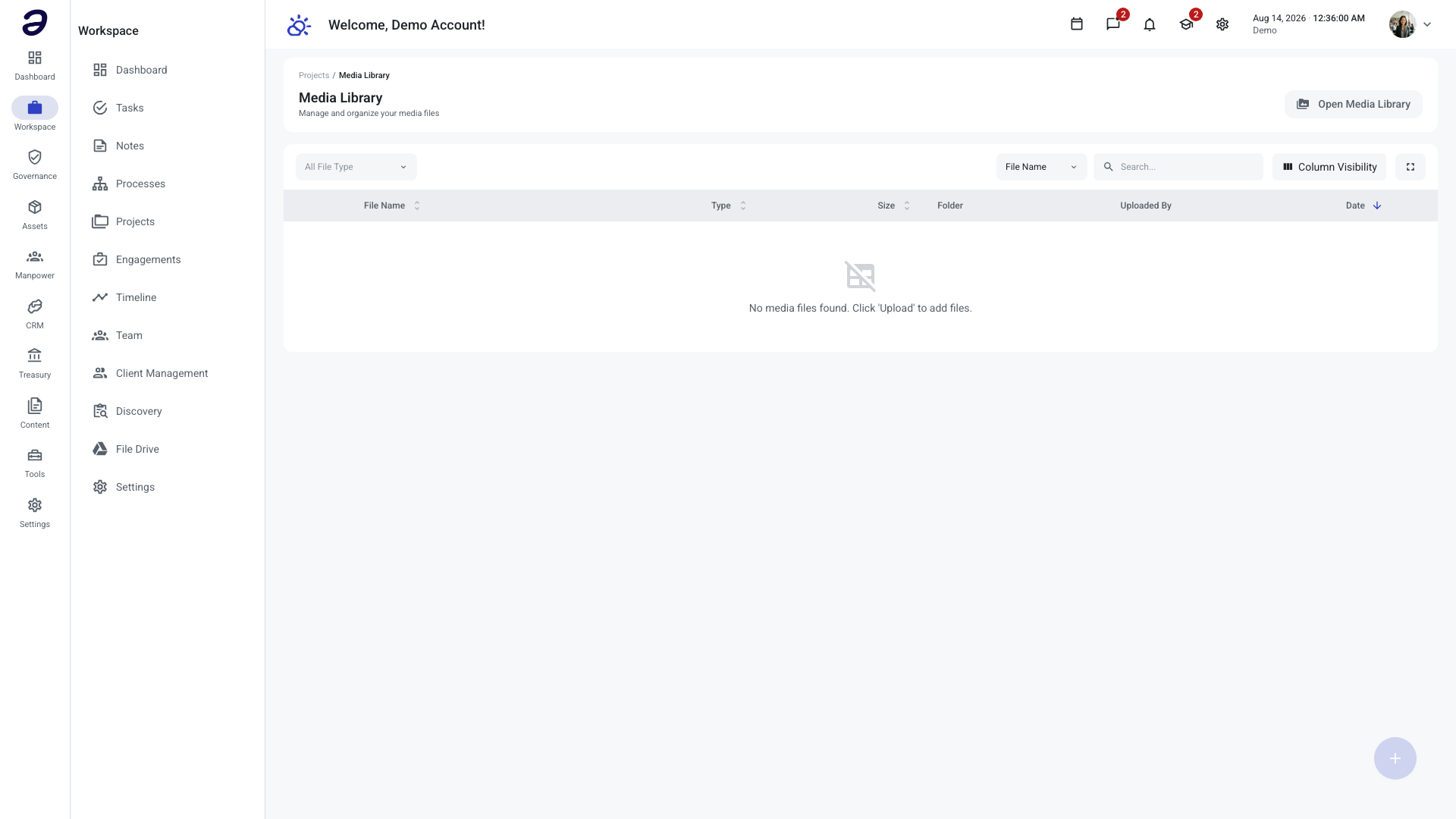 Media Library list page with the file table, type filter, search box, and Open Media Library button