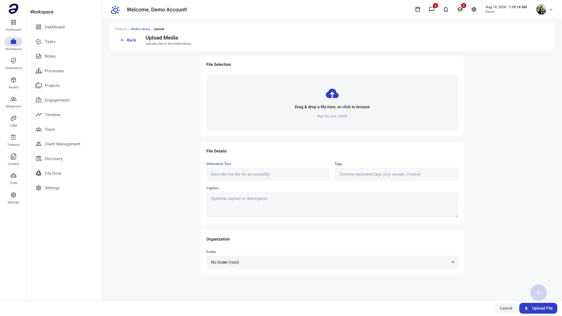The Upload Media page, showing the File Selection drop area, the File Details fields, and the Organization folder picker