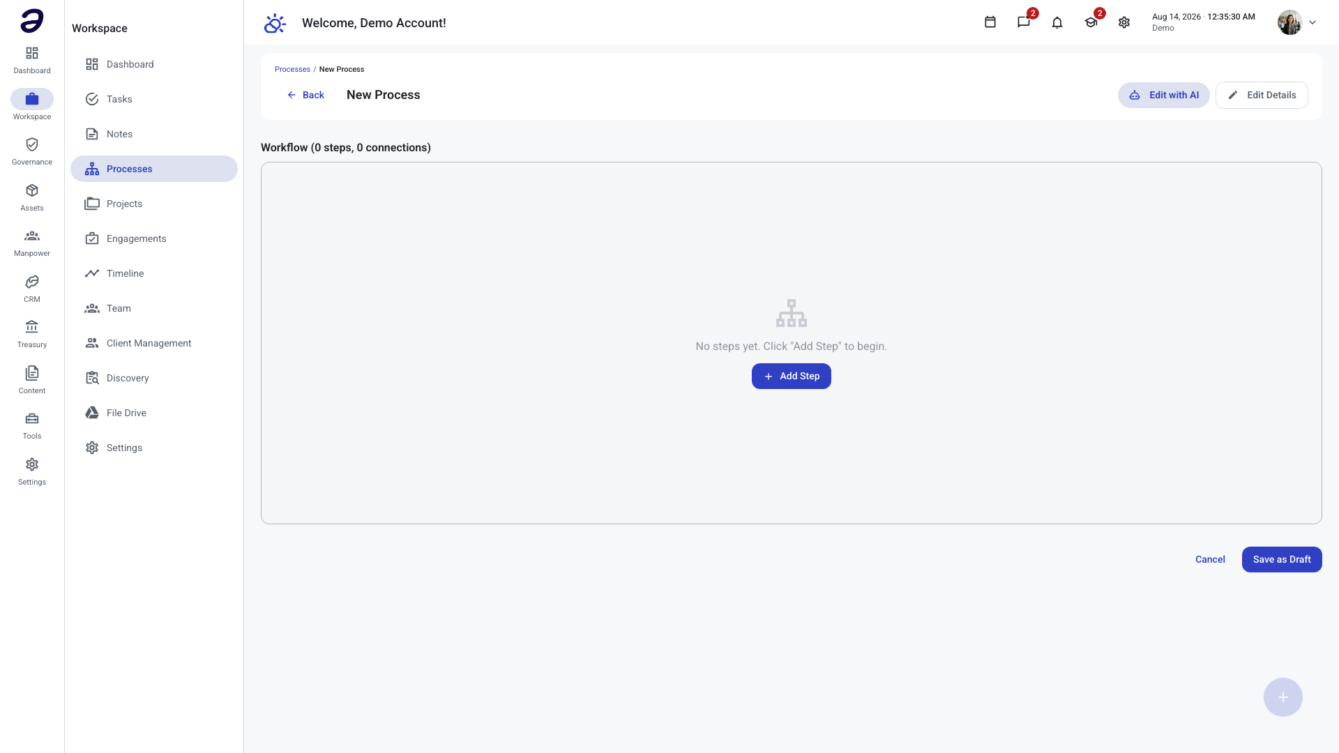 Process Builder canvas for laying out the steps of a new process template