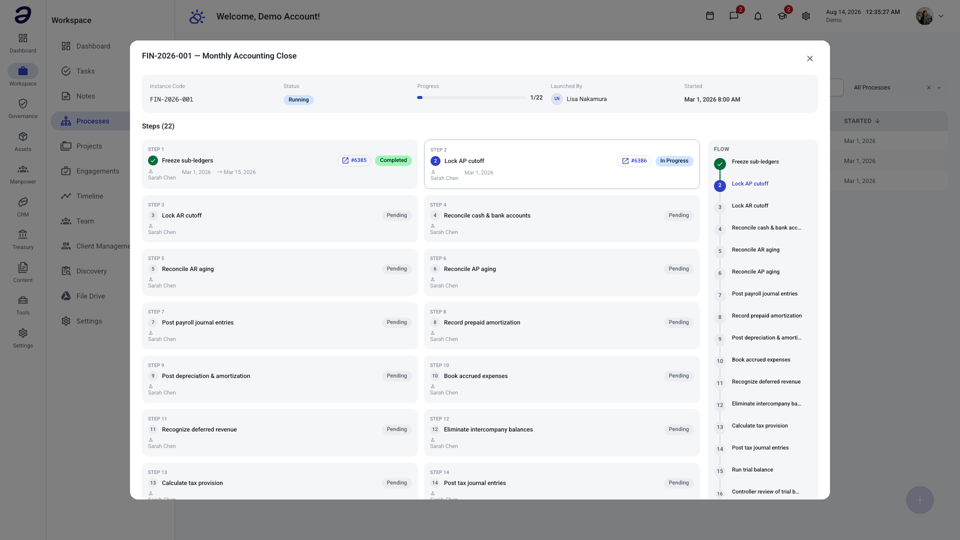 A process instance opened, showing its summary, step cards, and flow timeline