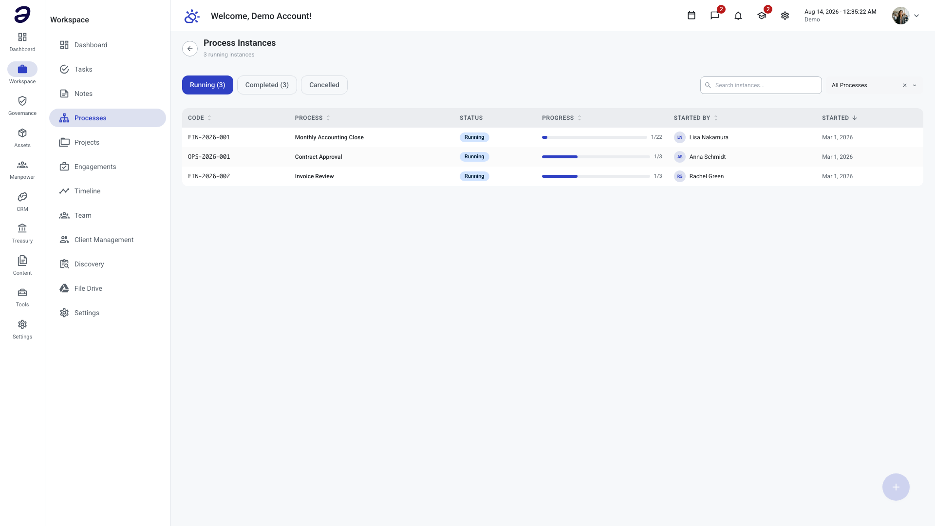 Process Instances list with Running, Completed, and Cancelled filters above the instance table