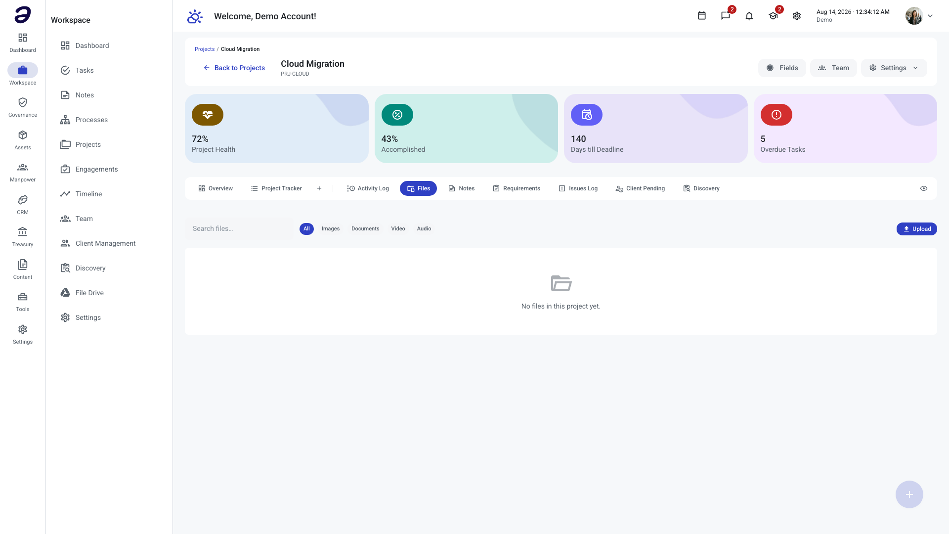 Files tab of a project, listing every file connected to the project with its source