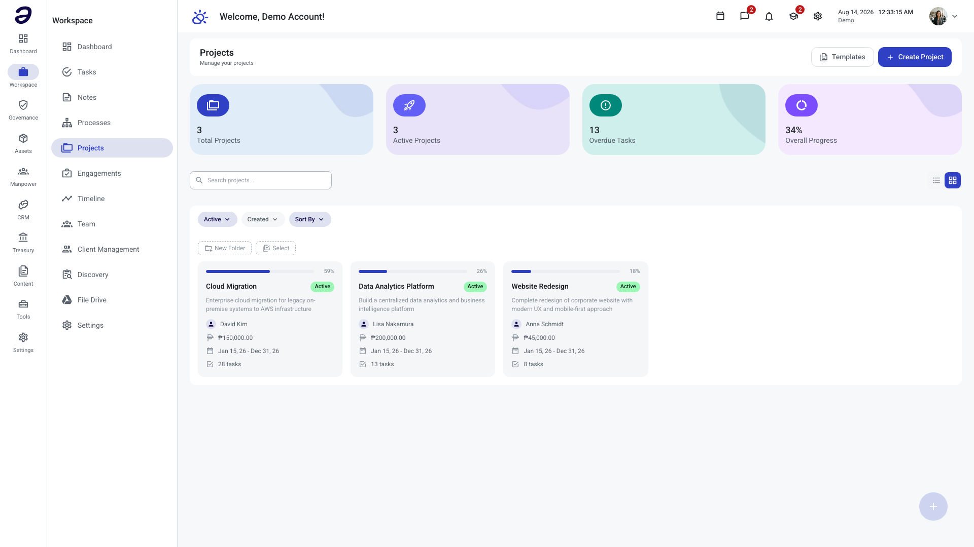 Project List in Grid view, with projects grouped under colored folder headings