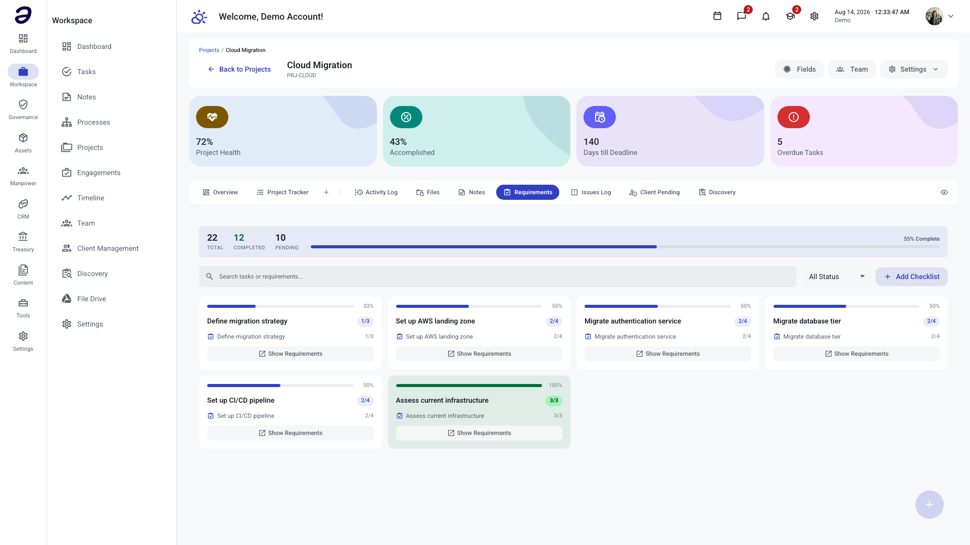 Requirements tab of a project, listing requirement checklists gathered from its tasks