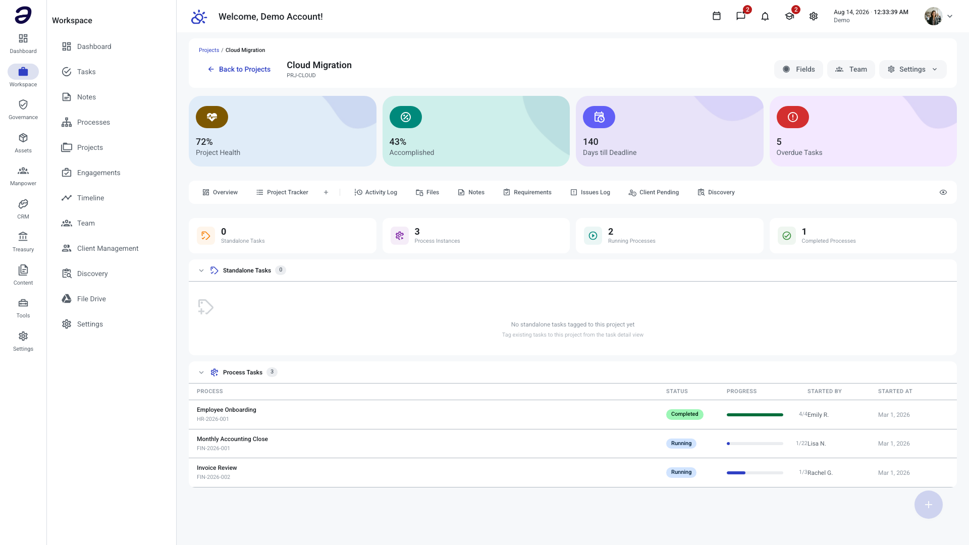 Tasks tab of a project, listing standalone tasks and process tasks with counters above