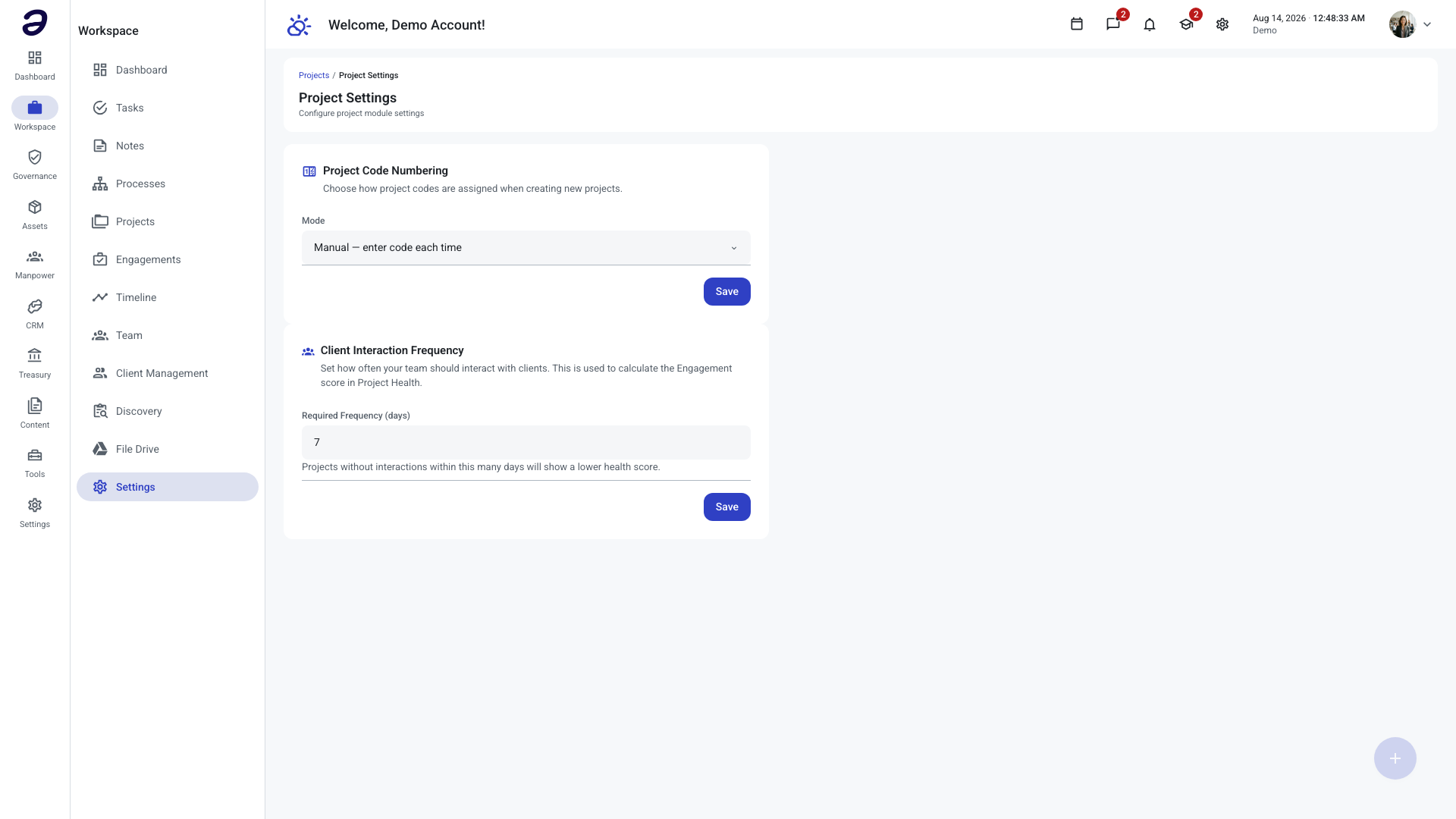 Project Settings page with the Project Code Numbering and Client Interaction Frequency cards
