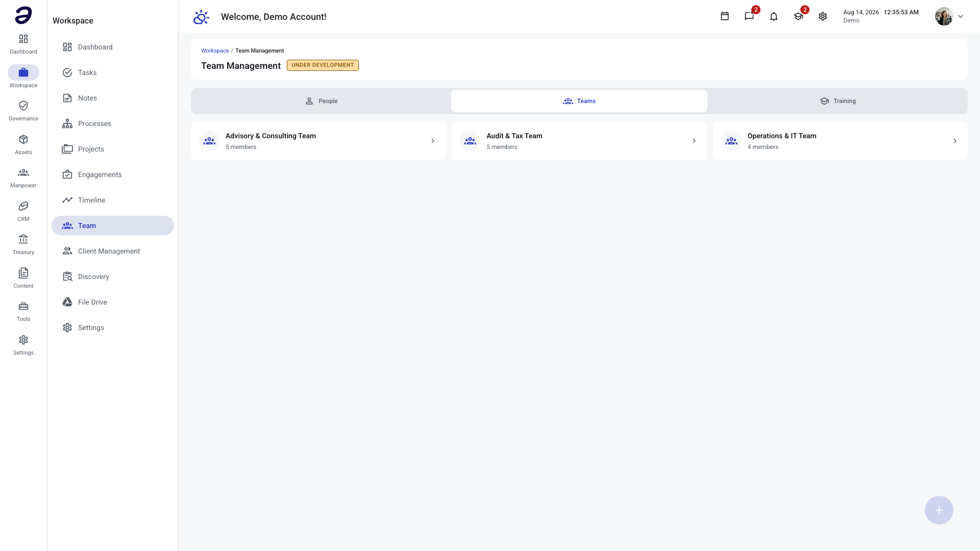 Teams tab showing one card per team with its member count