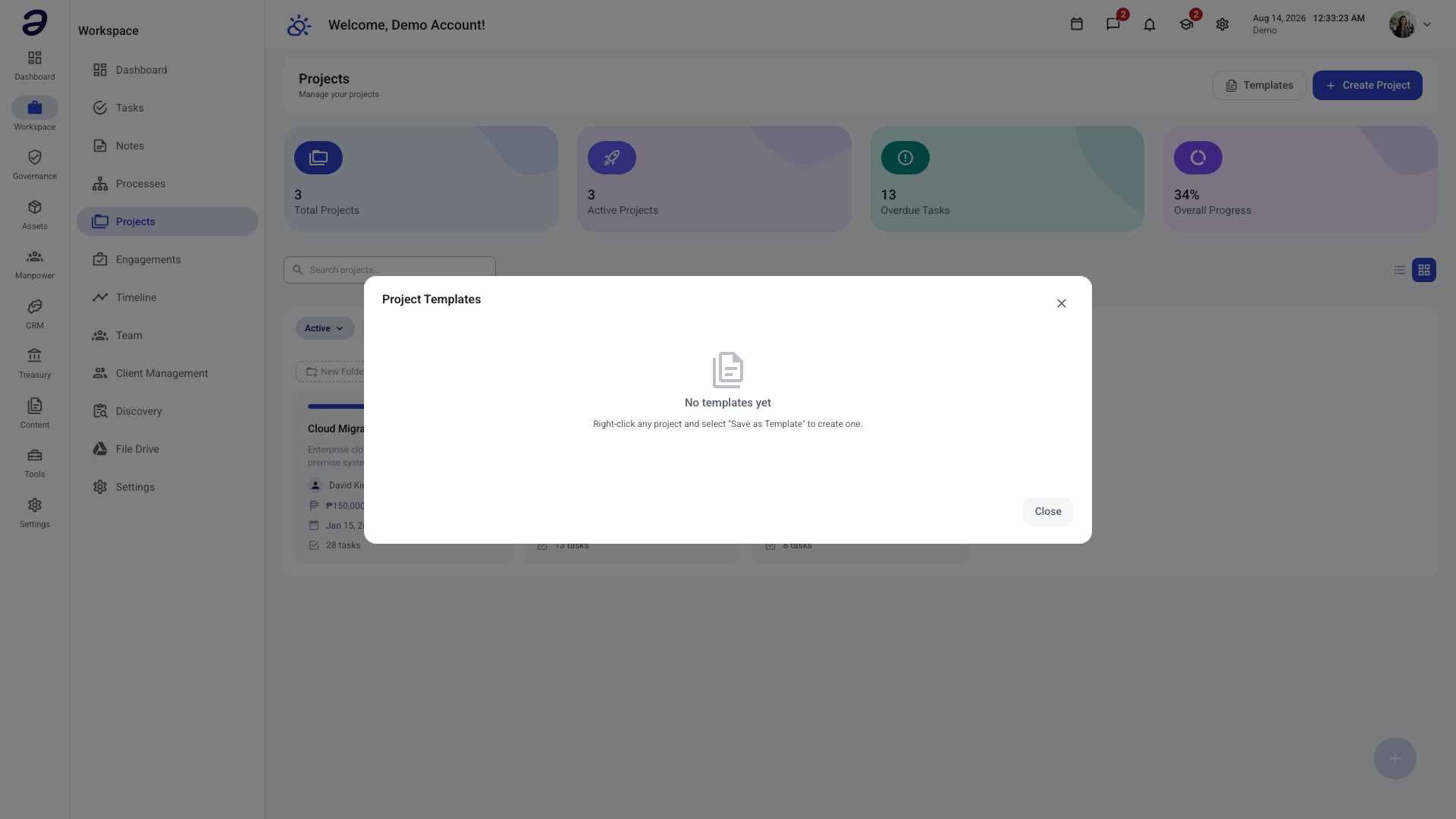 Project Templates dialog listing saved templates with their task, role, and milestone counts