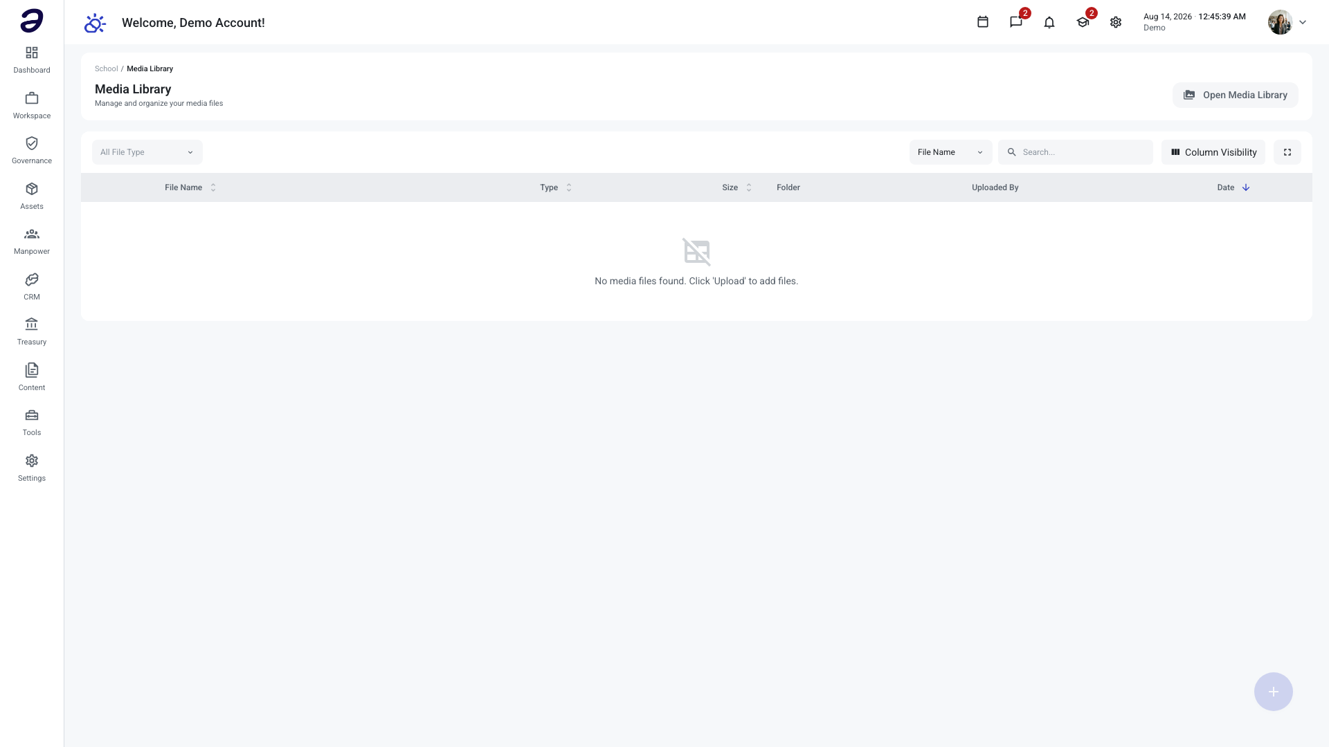 School Media Library listing the files stored for the School module