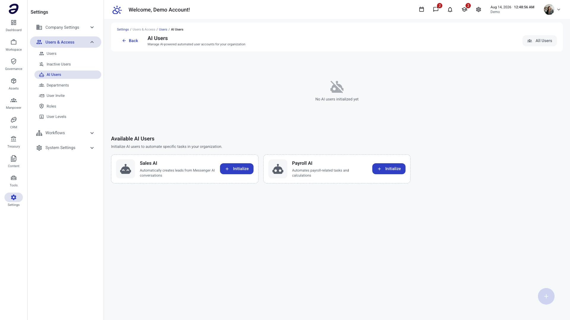 AI Users page showing no initialized AI users and the Sales AI and Payroll AI cards, each with an Initialize button