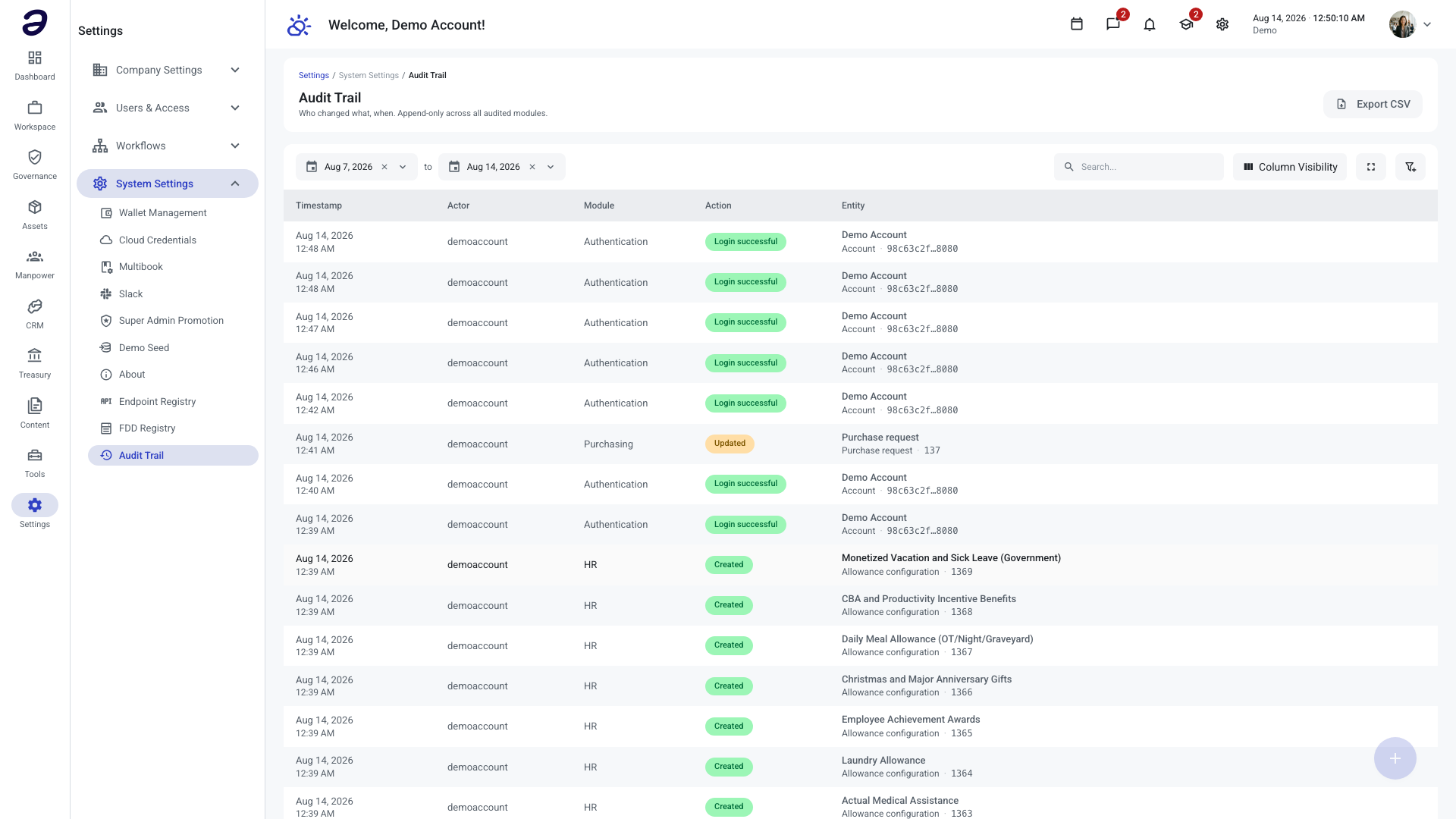 Audit Trail showing the date range toolbar above a table of events with timestamp, actor, module, colour-coded action, and entity