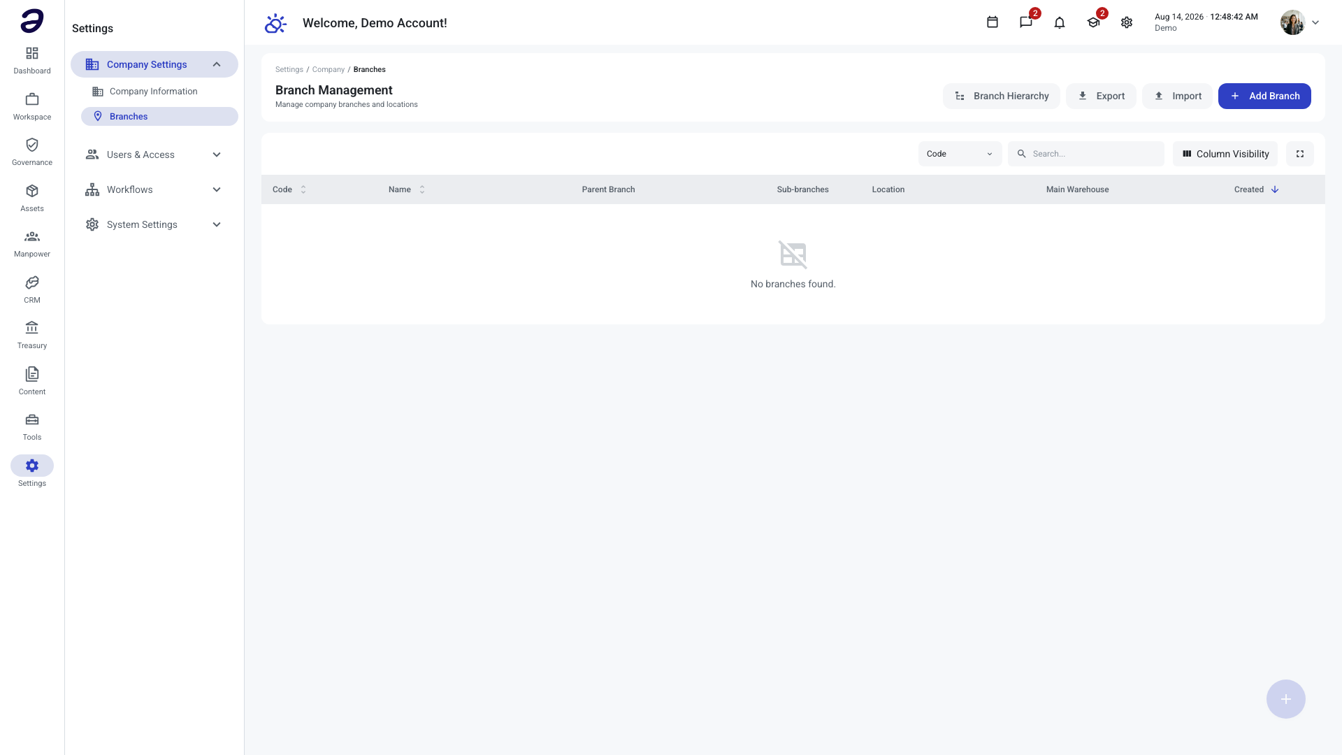 Branch Management page with the Branch Hierarchy, Export, Import, and Add Branch buttons above an empty branch list