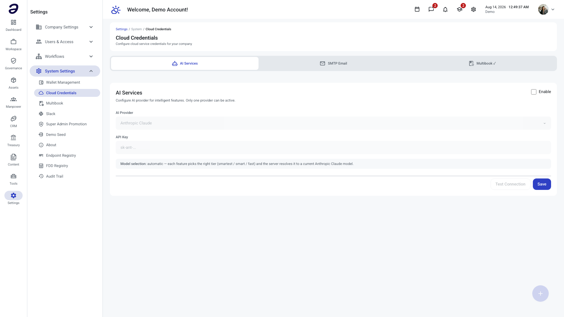 Cloud Credentials on the AI Services tab, with the Enable checkbox unticked and the AI Provider and API Key fields greyed out