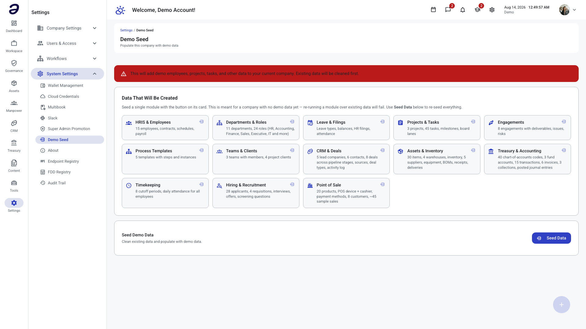 Demo Seed page with the red warning banner, the Data That Will Be Created cards, and the Seed Data button