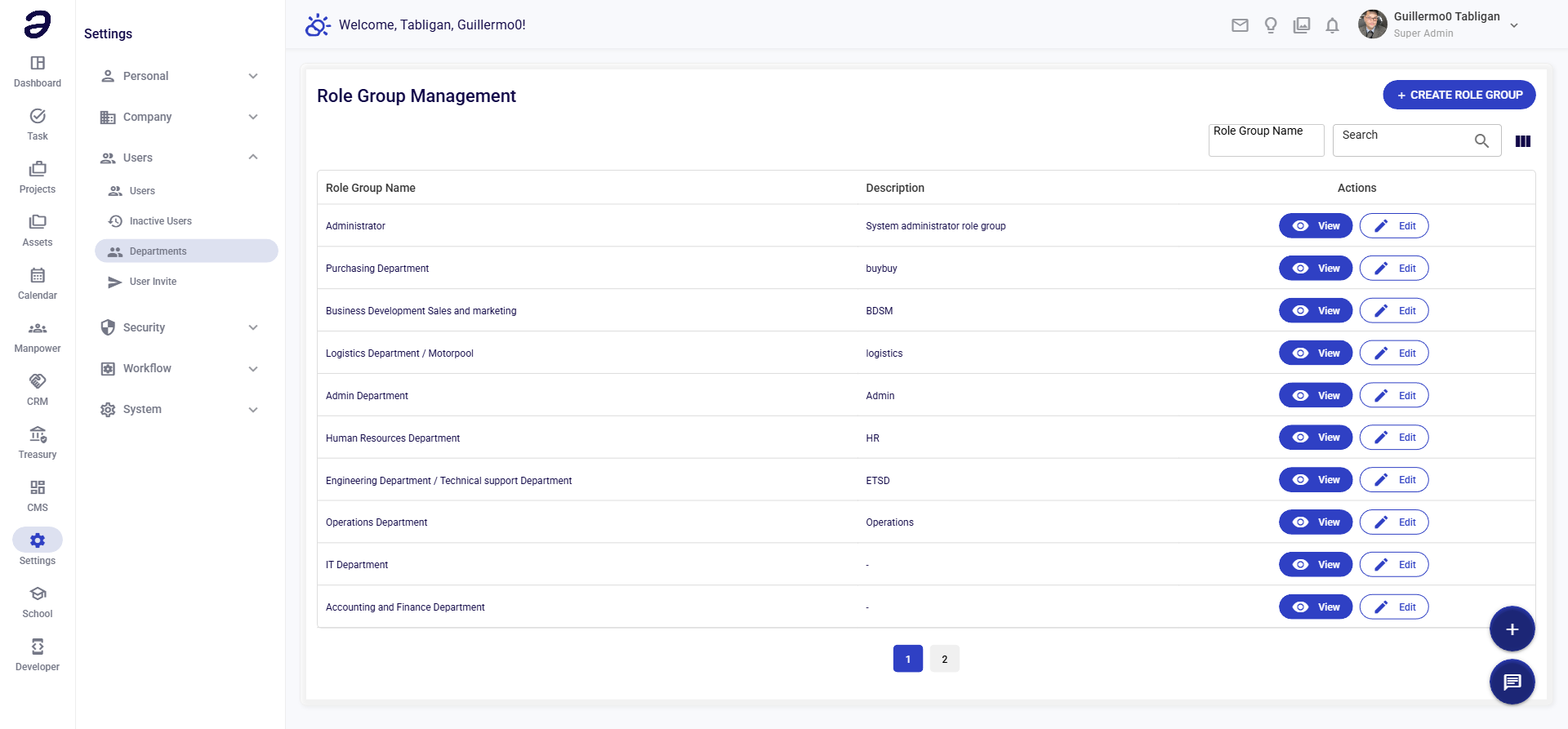 Settings - Departments
