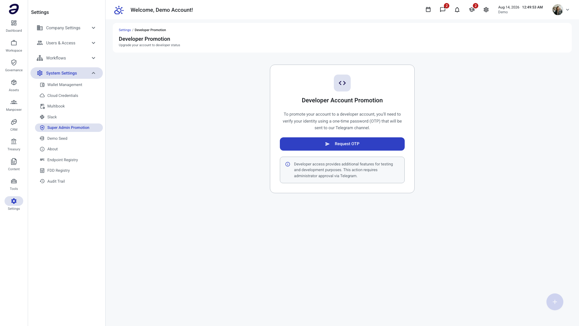Developer Promotion page showing the Developer Account Promotion card with the Request OTP button and the Telegram approval note