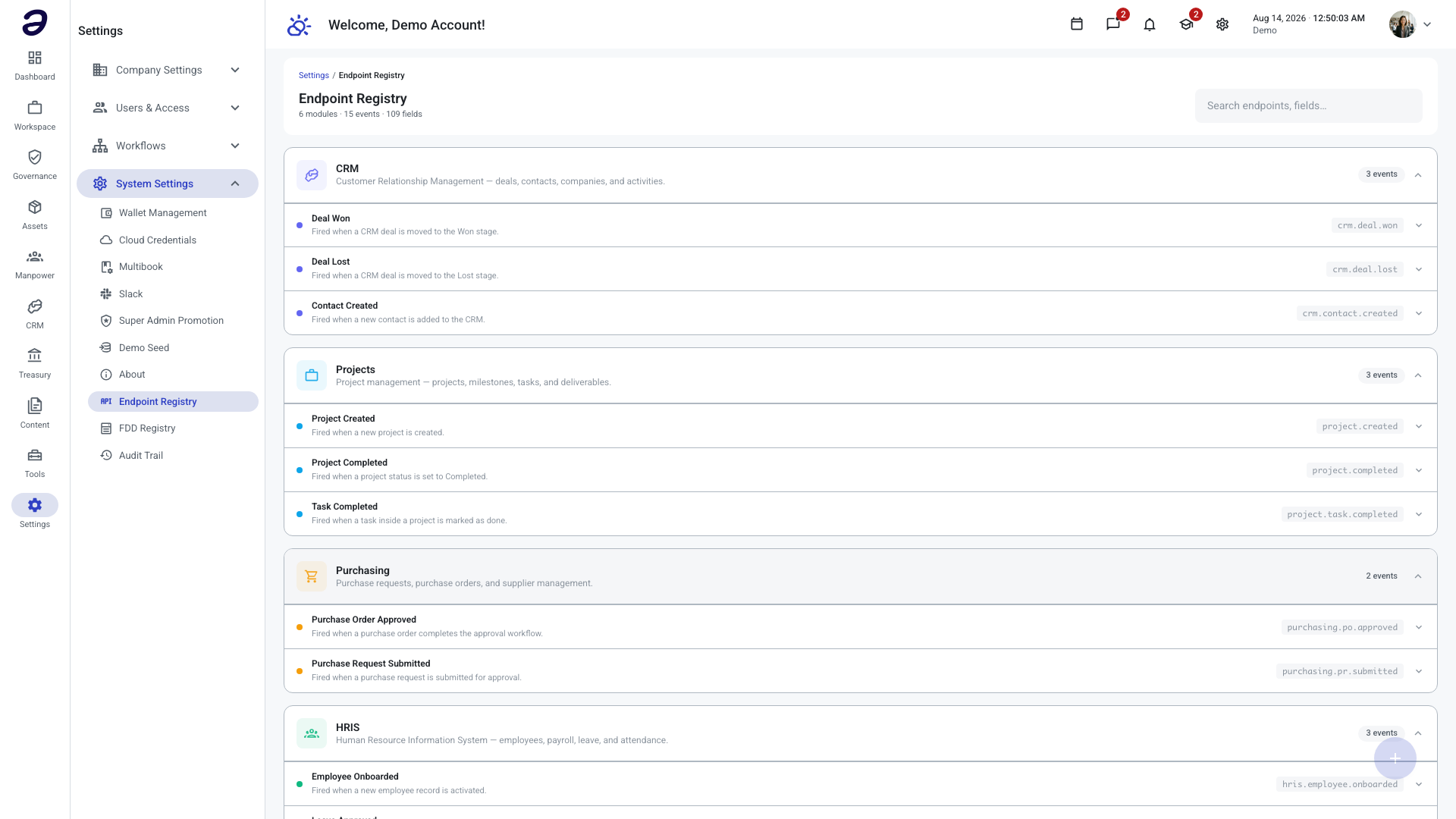 Endpoint Registry with the CRM, Projects, Purchasing, and HRIS module cards expanded to show their events and event IDs