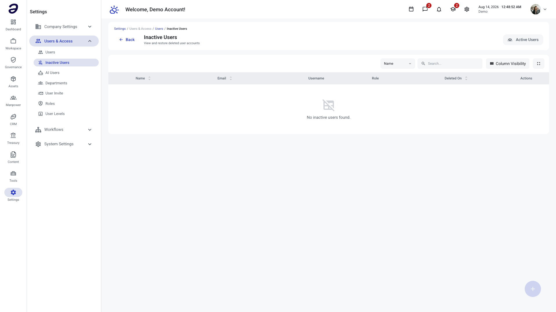 Inactive Users page with the Active Users button in the header and an empty list of deleted accounts