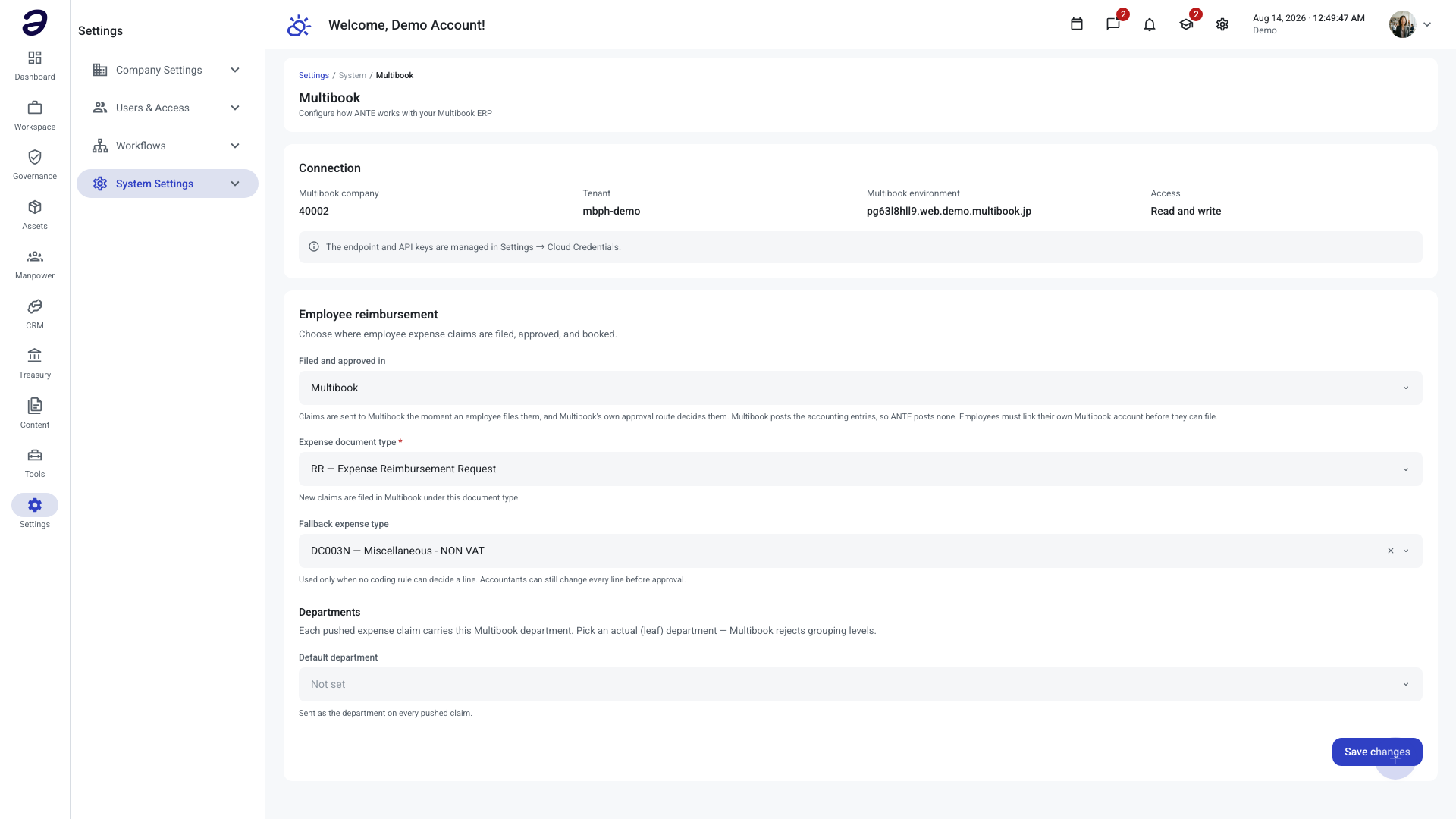 Settings Multibook page showing the read-only Connection summary above the Employee reimbursement settings