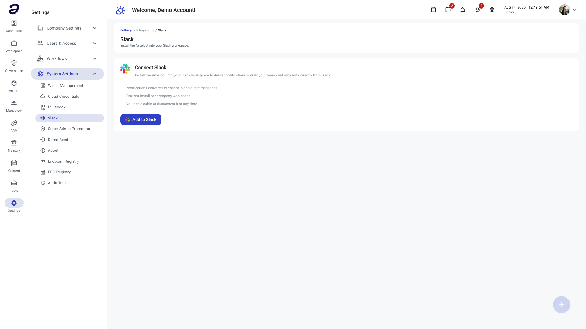Slack settings page in the not-connected state, showing the Connect Slack card and the Add to Slack button