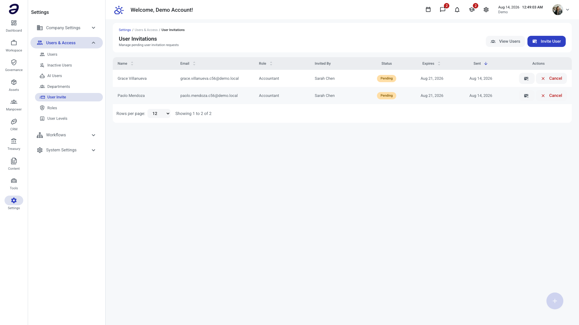 User Invitations list with two pending invitations, each showing a Pending badge, expiry date, and Resend and Cancel actions