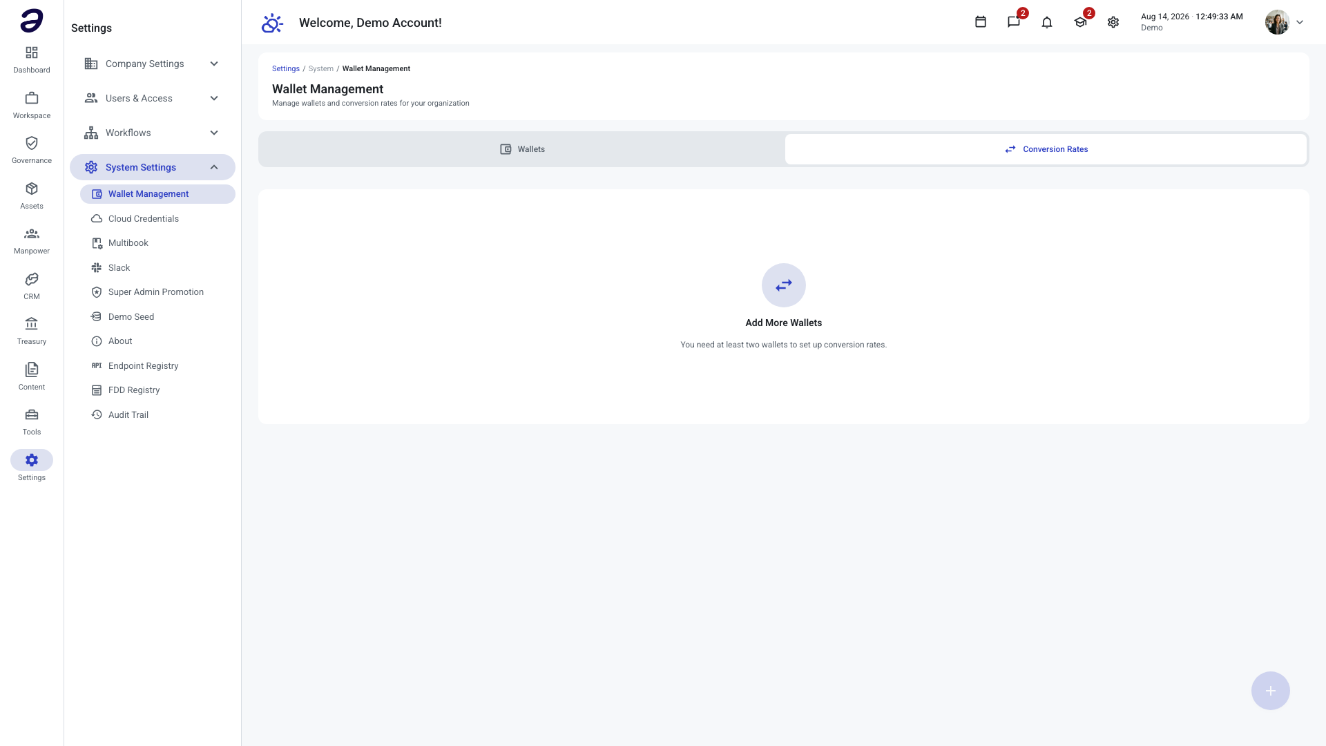 Conversion Rates tab showing the 'Add More Wallets' message because only one wallet exists