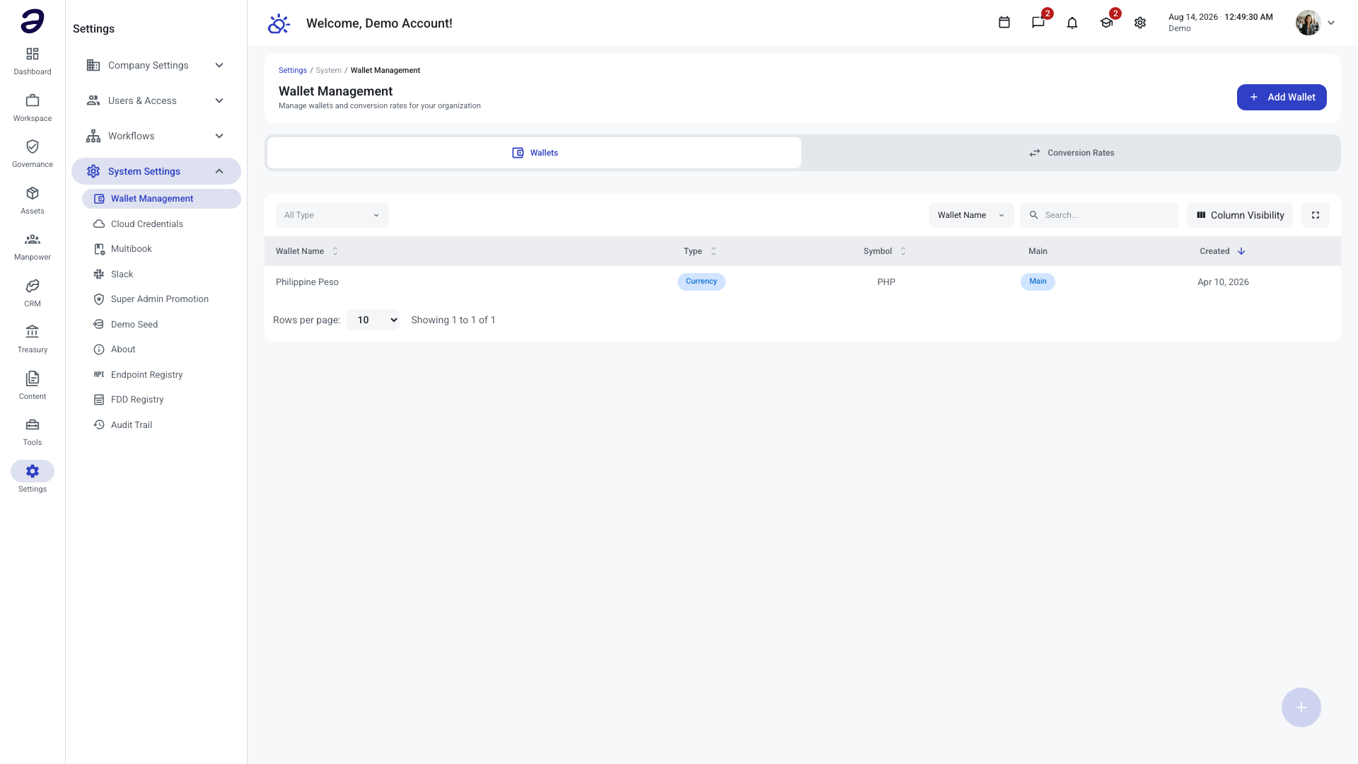 Wallet Management on the Wallets tab, listing one wallet with its type, symbol, and Main badge