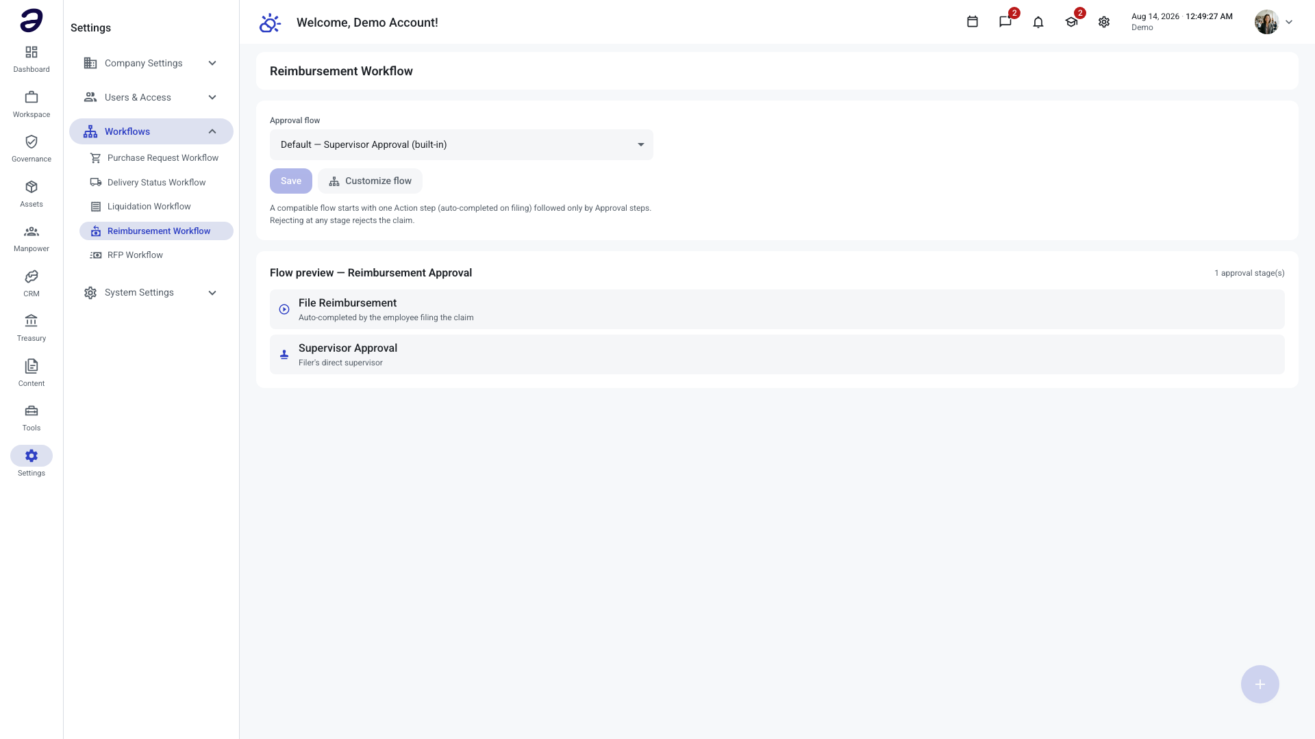 The Reimbursement Workflow settings page with the flow preview