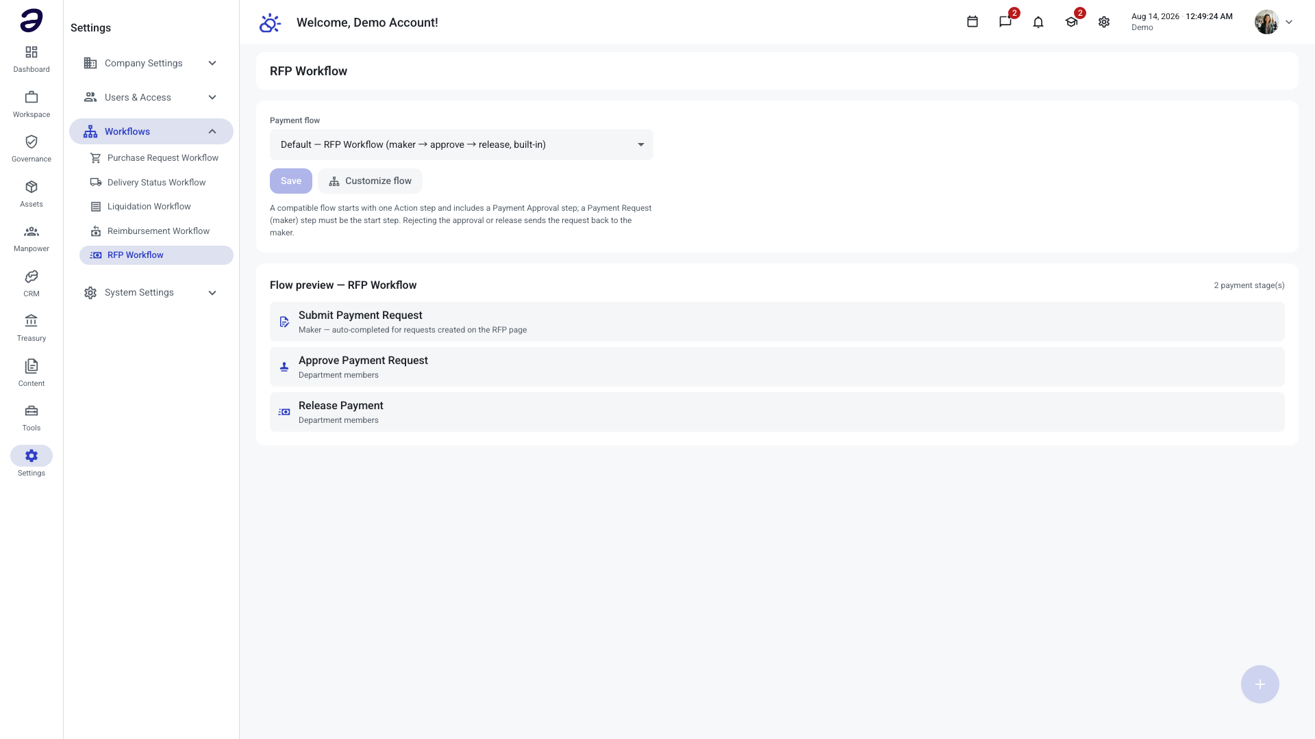 RFP Workflow page with the Payment flow dropdown set to the built-in default and the flow preview listing its three steps