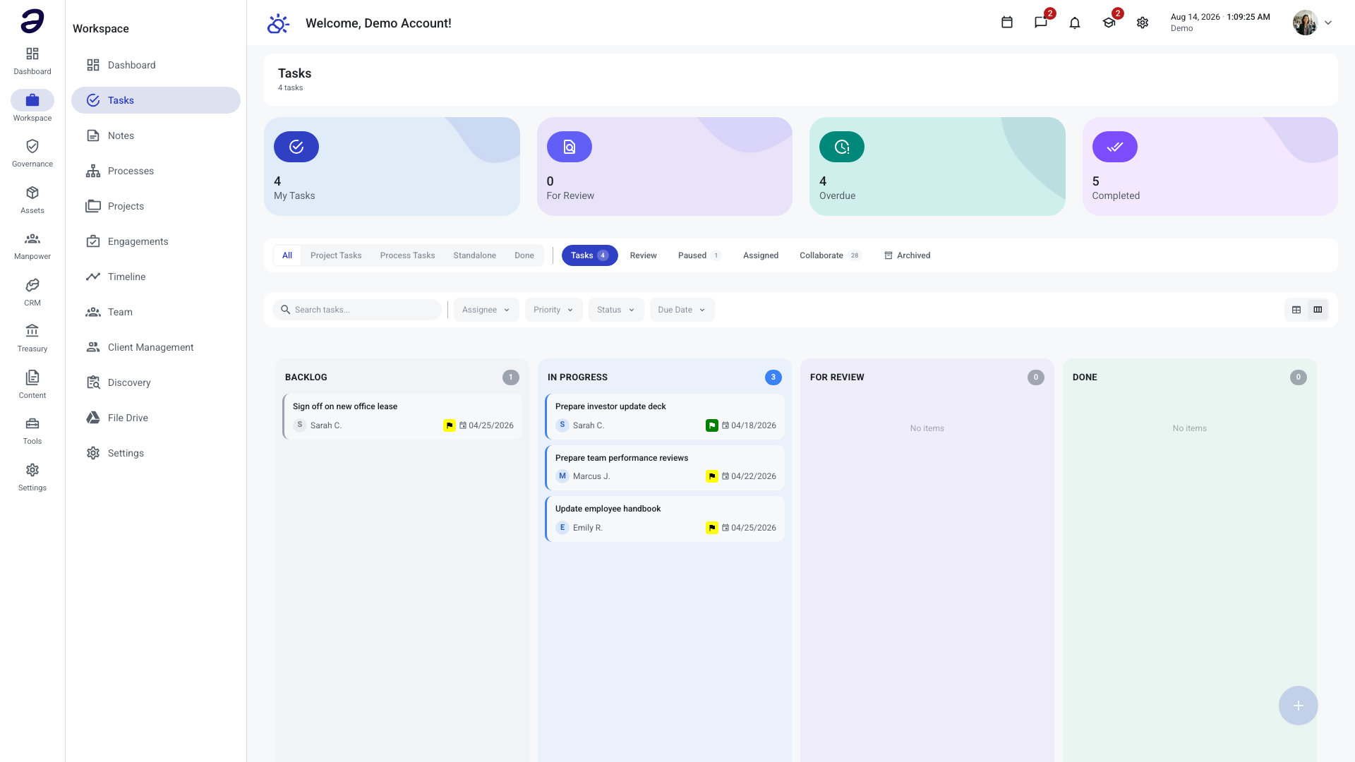 The Workspace Tasks page in Board view, with task cards arranged under the Backlog, In Progress, For Review, and Done columns