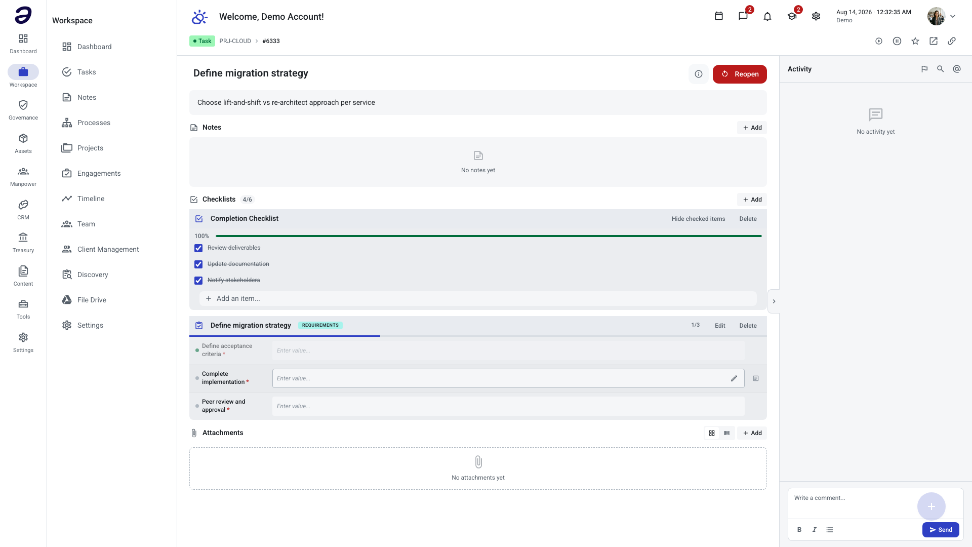 An open task showing its description, Notes section, a completion checklist with ticked items, a requirements checklist, Attachments, and the Activity panel with a comment box