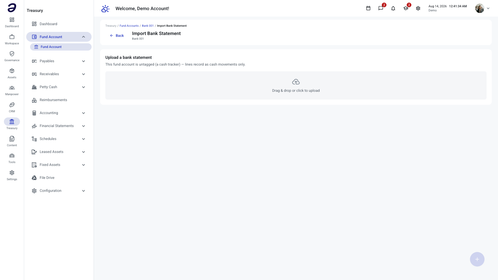 The Import Bank Statement page showing the upload panel with a drag-and-drop area