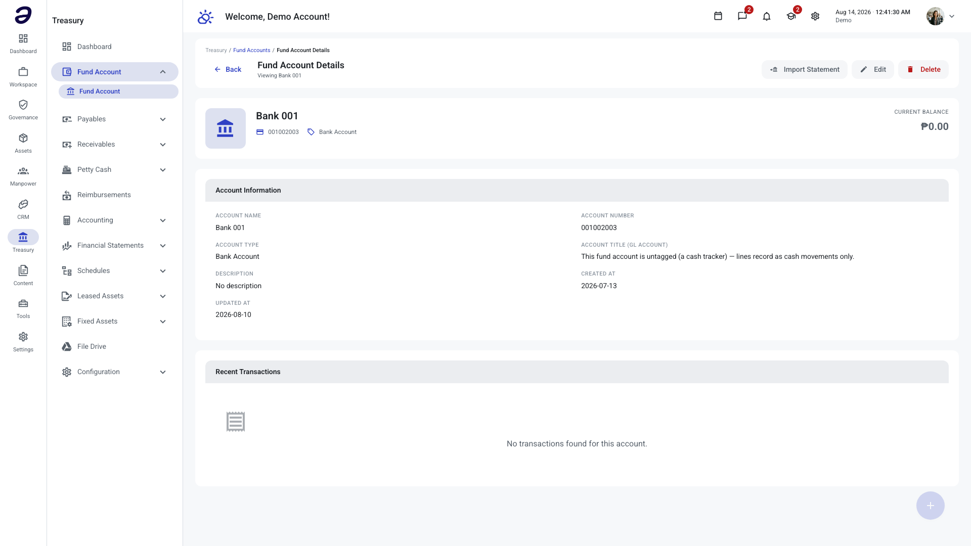 A fund account detail page showing the balance, Account Information, and an empty Recent Transactions list