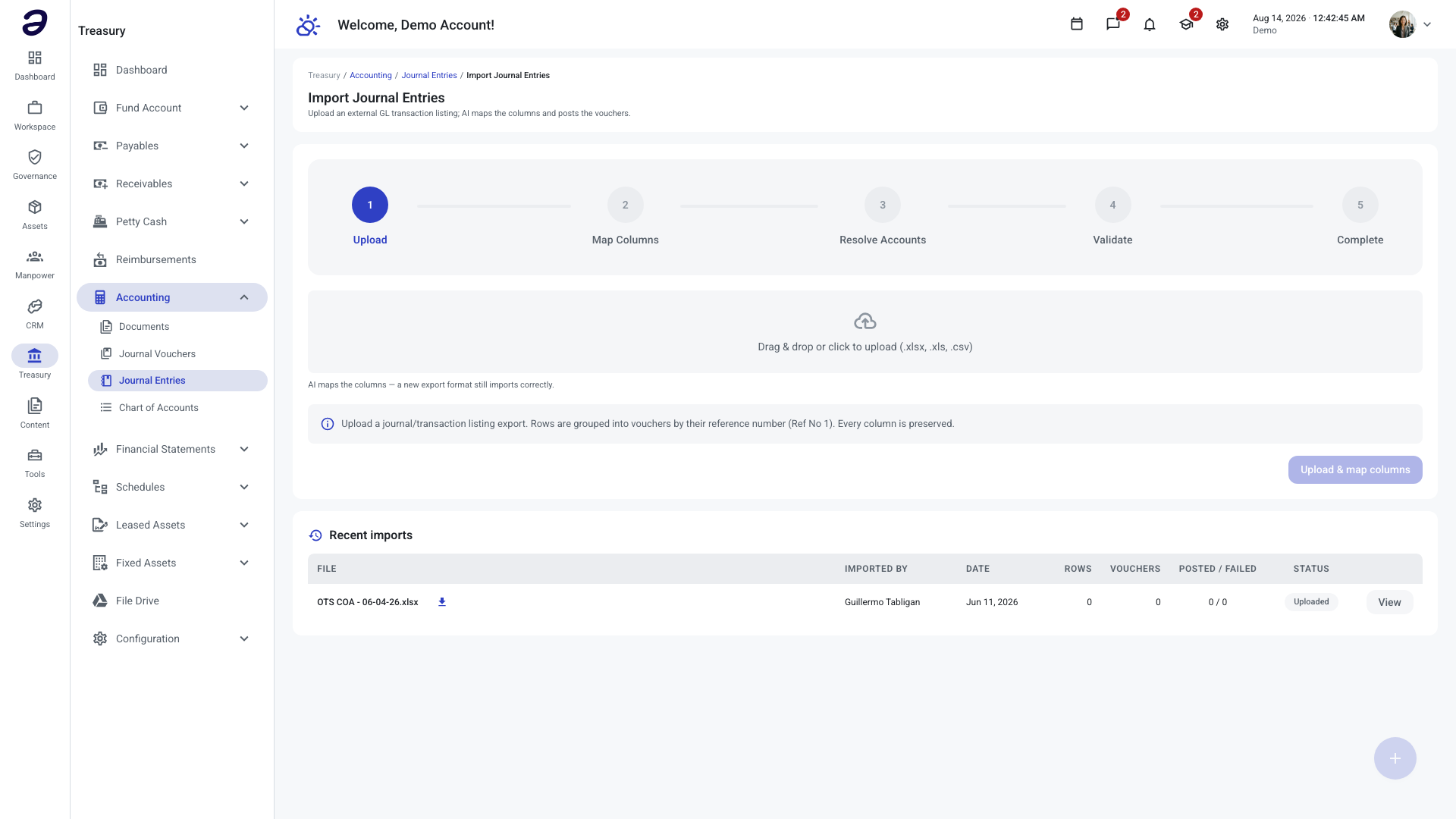 The Import Journal Entries wizard on step 1, showing the five-step tracker, the upload area, and the Recent imports panel