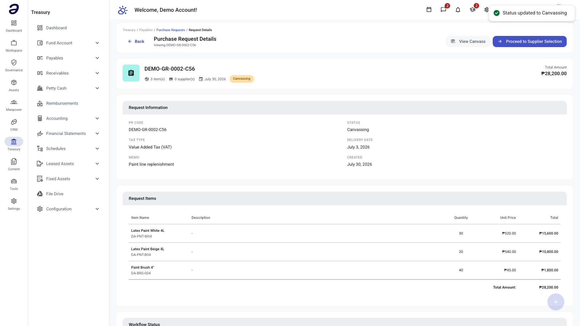 A Purchase Request Details screen showing the overview card, Request Information, and three request items