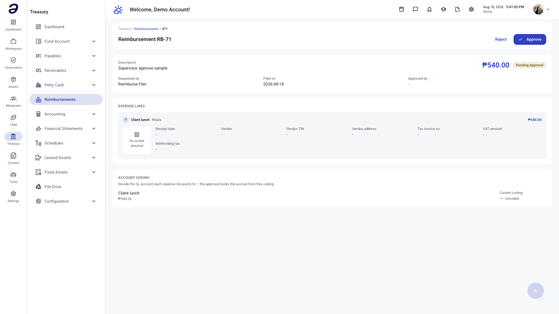 A pending reimbursement claim with Approve and Reject buttons visible to the current approver