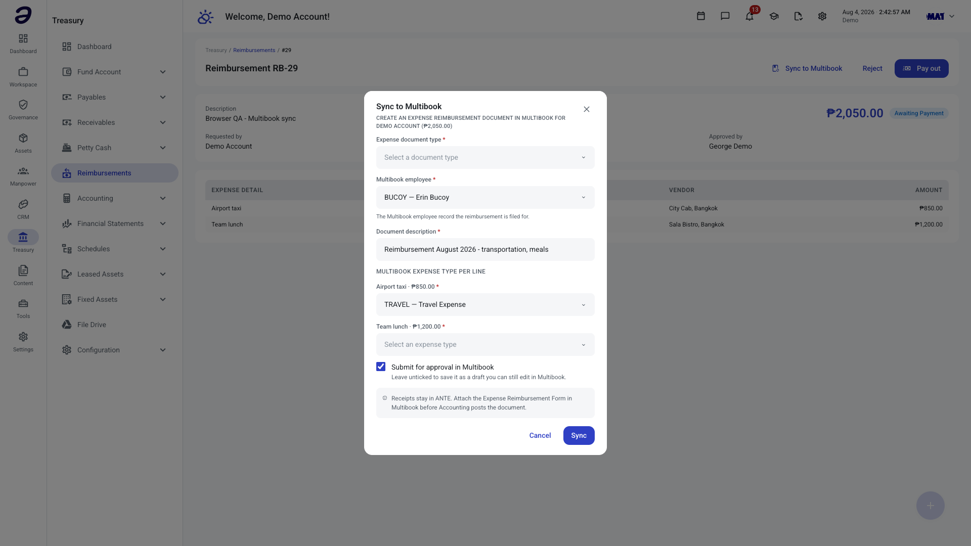 Sync to Multibook dialog